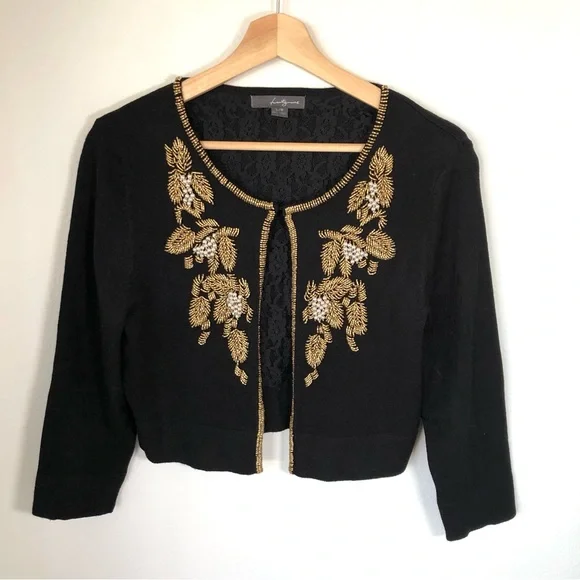 Twenty One Black Beaded Cardigan Sweater Women’s L Gold Beads Pearls Lace Lining - Picture 3 of 15